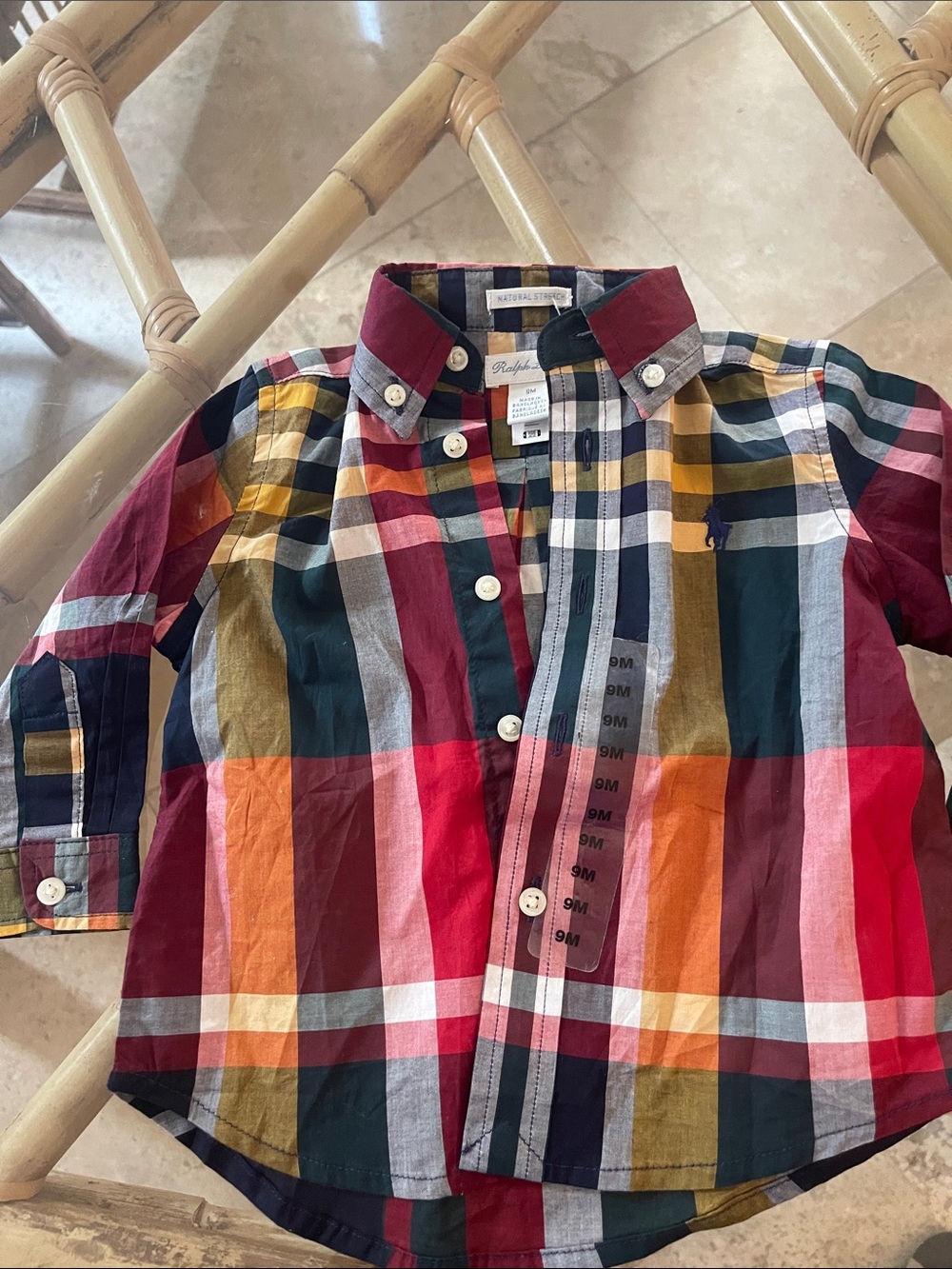Ralph Lauren Red, Navy, Green & Yellow Plaid Button-Down Shirt 9 mths Brand New